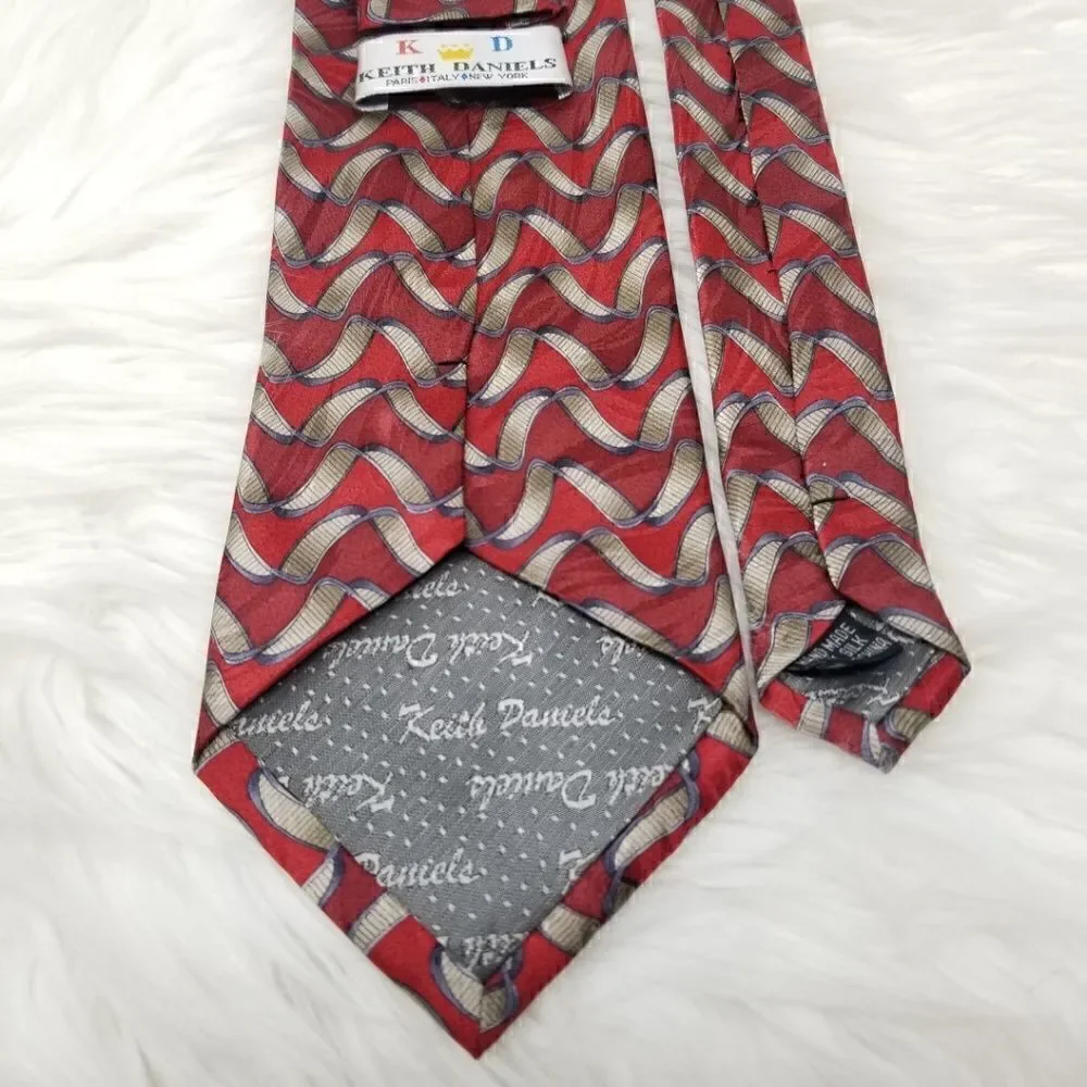 Keith Daniels Red & Gray Ribbon Print Silk Tie